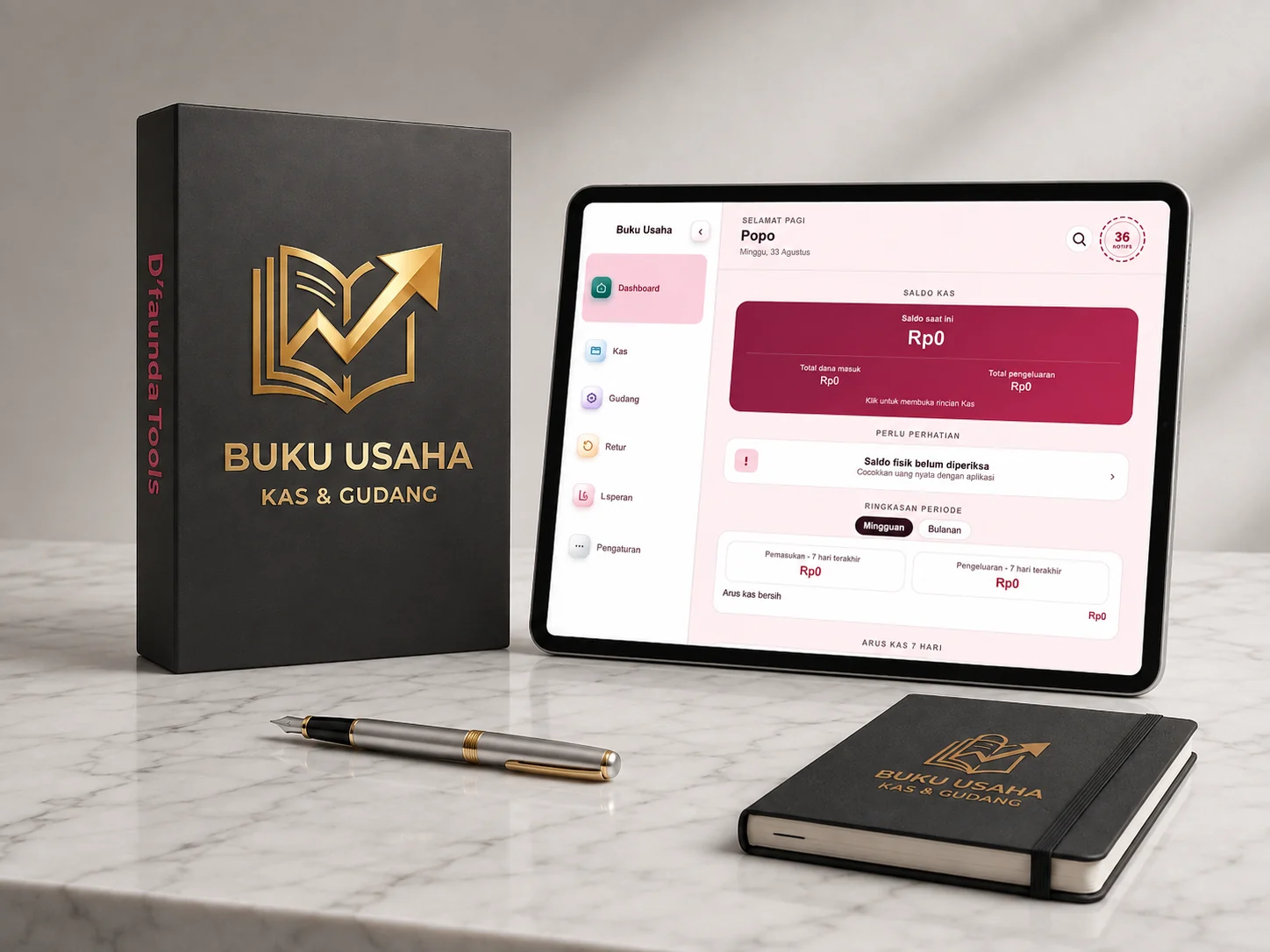 Tampilan Buku Usaha Kas dan Gudang milik Laela Group pada tablet